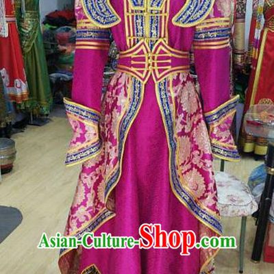 Chinese Traditional Mongolian Rosy Dress China Mongol Nationality Folk Dance Costume for Women