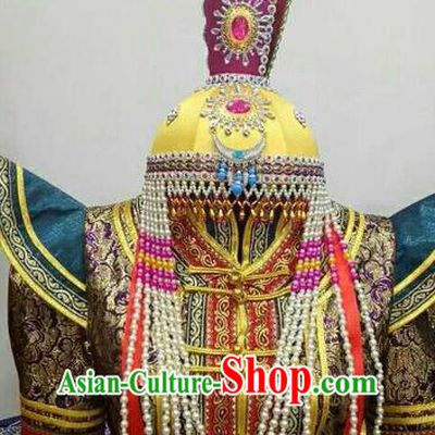 Chinese Traditional Mongolian Yellow Hats Mongol Nationality Hair Accessories Folk Dance Headwear for Women