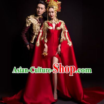 Top Chinese Classical Model Stage Evening Dress and Crown Complete Set