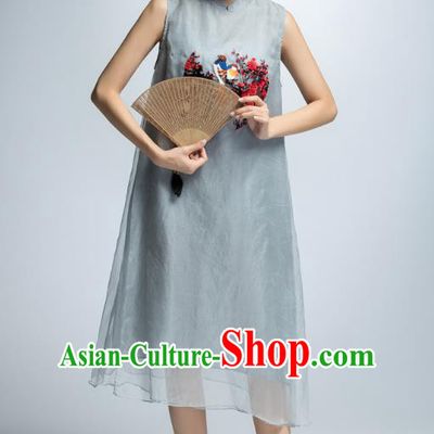 Chinese Traditional Embroidered Grey Cheongsam Dress China National Costume for Women