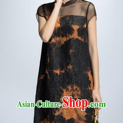 Chinese Traditional Printing Black Cheongsam Dress China National Costume for Women