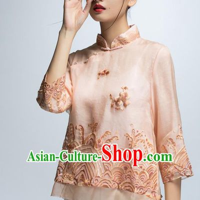 Chinese Traditional Costume Embroidered Pink Cheongsam Blouse China National Upper Outer Garment Shirt for Women