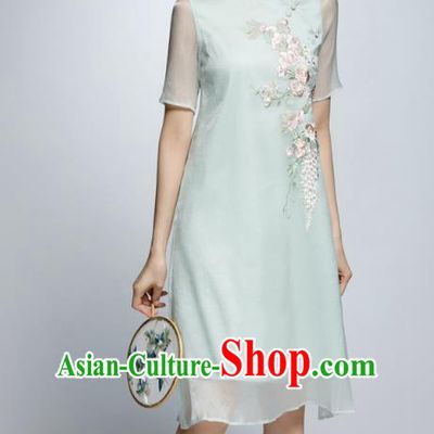 Chinese Traditional Embroidered Green Cheongsam China National Costume Qipao Dress for Women