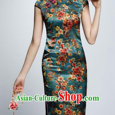 Chinese Traditional Printing Green Cheongsam China National Costume Qipao Dress for Women