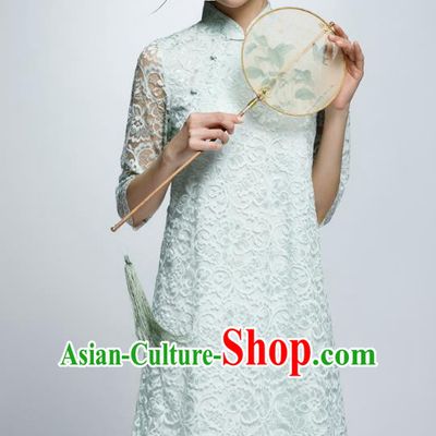 Chinese Traditional Green Lace Cheongsam China National Costume Qipao Dress for Women