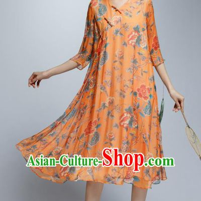 Chinese Traditional Printing Orange Cheongsam China National Costume Qipao Dress for Women