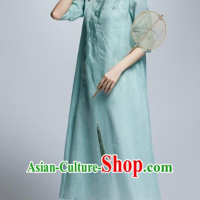 Chinese Traditional Embroidered Green Cheongsam China National Costume Qipao Dress for Women