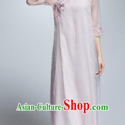 Chinese Traditional Embroidered Lilac Cheongsam China National Costume Qipao Dress for Women