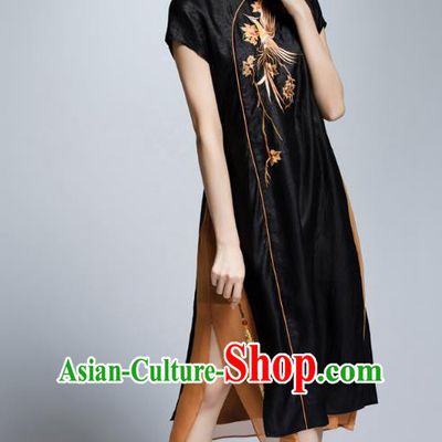 Chinese Traditional Embroidered Crane Black Cheongsam China National Costume Tang Suit Qipao Dress for Women