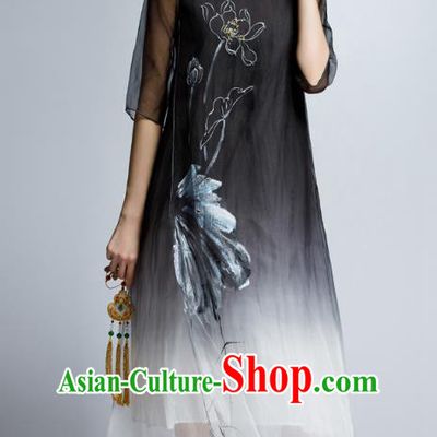 Chinese Traditional Embroidered Lotus Black Cheongsam China National Costume Tang Suit Qipao Dress for Women