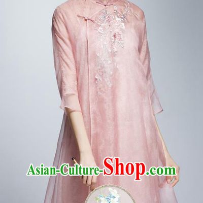 Chinese Traditional Embroidered Pink Cheongsam China National Costume Tang Suit Qipao Dress for Women