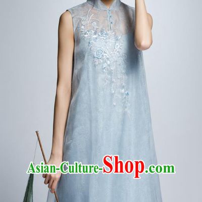 Chinese Traditional Embroidered Blue Cheongsam China National Costume Tang Suit Qipao Dress for Women