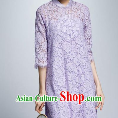 Chinese Traditional Embroidered Purple Lace Cheongsam China National Costume Tang Suit Qipao Dress for Women