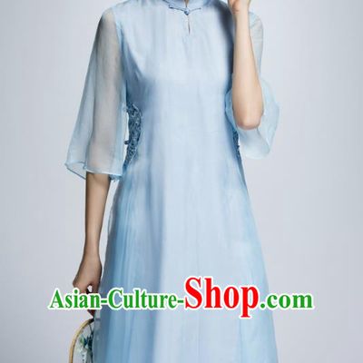 Chinese Traditional Blue Organza Cheongsam China National Costume Tang Suit Qipao Dress for Women