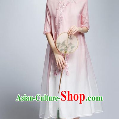 Chinese Traditional Pink Organza Cheongsam China National Costume Tang Suit Qipao Dress for Women