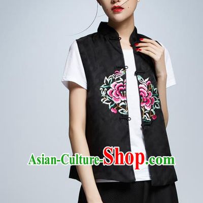 Chinese Traditional Costume Black Cheongsam Vest China National Upper Outer Garment Waistcoat for Women