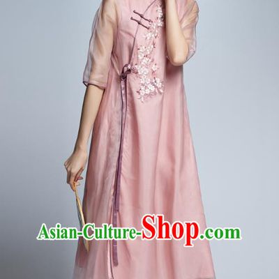 Chinese Traditional Embroidered Pink Organza Cheongsam China National Costume Tang Suit Qipao Dress for Women