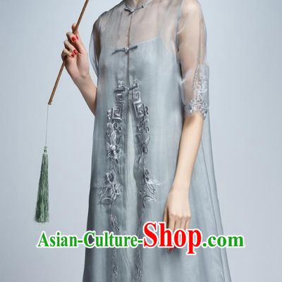 Chinese Traditional Embroidered Grey Organza Cheongsam China National Costume Tang Suit Qipao Dress for Women