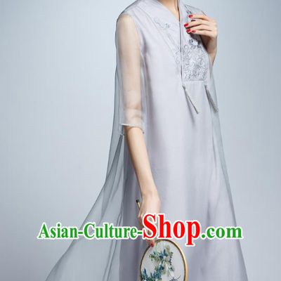 Chinese Traditional Embroidered Grey Cheongsam China National Costume Tang Suit Qipao Dress for Women