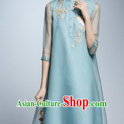 Chinese Traditional Embroidered Blue Cheongsam China National Costume Tang Suit Qipao Dress for Women