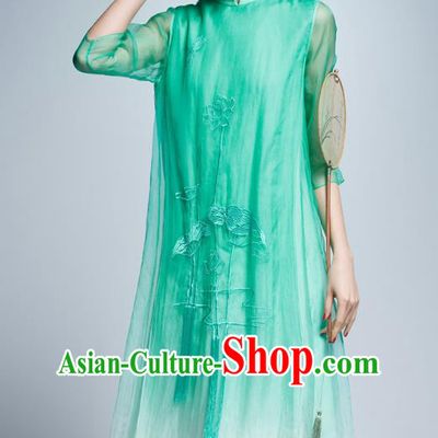 Chinese Traditional Embroidered Lotus Green Cheongsam China National Costume Tang Suit Qipao Dress for Women