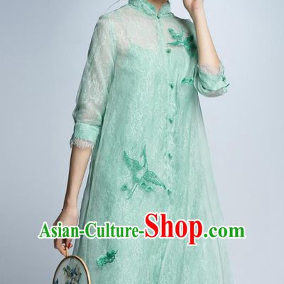 Chinese Traditional Embroidered Crane Green Cheongsam China National Costume Tang Suit Qipao Dress for Women