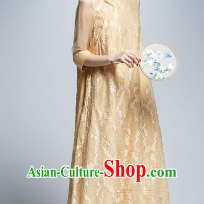Chinese Traditional Embroidered Yellow Lace Cheongsam China National Costume Tang Suit Qipao Dress for Women