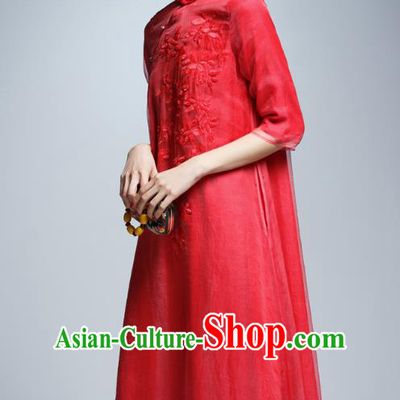 Chinese Traditional Embroidered Red Silk Cheongsam China National Costume Tang Suit Qipao Dress for Women