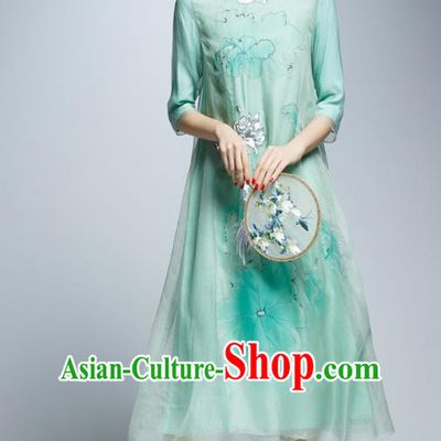 Chinese Traditional Printing Lotus Crane Green Cheongsam China National Costume Tang Suit Qipao Dress for Women