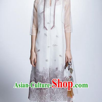 Chinese Traditional Costume White Cheongsam China National Tang Suit Qipao Dress for Women