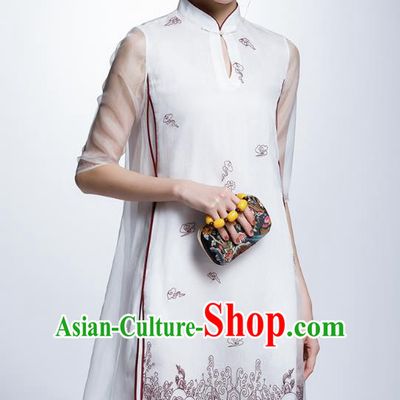 Chinese Traditional Costume Printing White Cheongsam China National Tang Suit Qipao Dress for Women