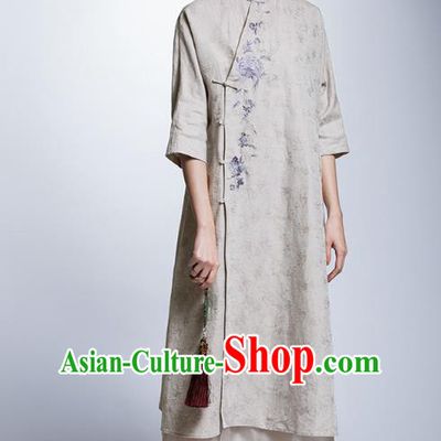 Chinese Traditional Costume Embroidered Flowers Khaki Cheongsam China National Tang Suit Qipao Dress for Women