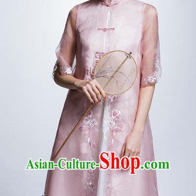 Chinese Traditional Costume Embroidered Flowers Pink Cheongsam China National Tang Suit Qipao Dress for Women