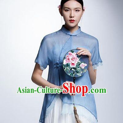 Chinese Traditional Tang Suit Blue Blouse China National Upper Outer Garment Cheongsam Shirt for Women