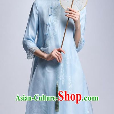 Chinese Traditional Tang Suit Blue Cheongsam China National Qipao Dress for Women