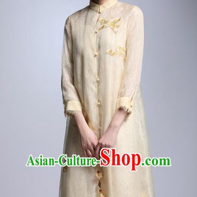 Chinese Traditional Tang Suit Embroidered Crane Yellow Cheongsam China National Qipao Dress for Women