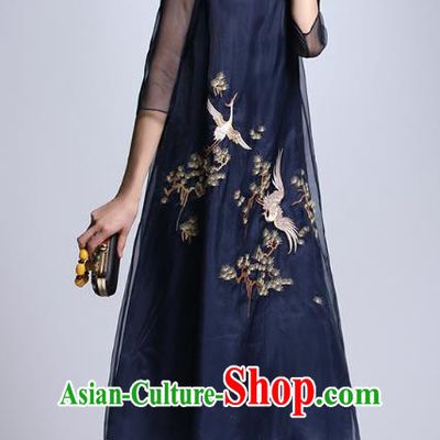 Chinese Traditional Tang Suit Embroidered Crane Navy Cheongsam China National Qipao Dress for Women