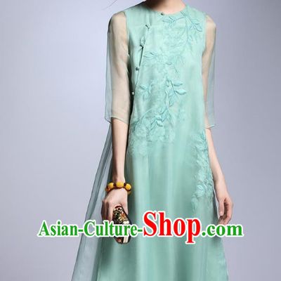 Chinese Traditional Tang Suit Embroidered Green Cheongsam China National Qipao Dress for Women