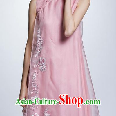 Chinese Traditional Embroidered Flowers Pink Cheongsam China National Costume Tang Suit Qipao Dress for Women