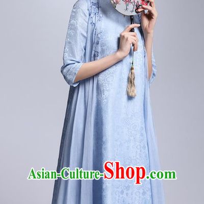 Chinese Traditional Tang Suit Blue Cheongsam China National Qipao Dress for Women