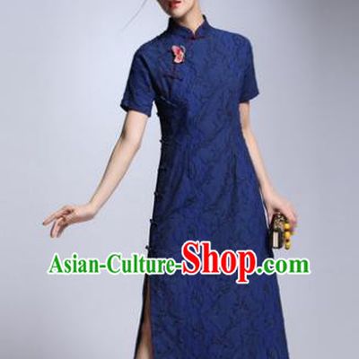 Chinese Traditional Tang Suit Blue Cheongsam China National Qipao Dress for Women