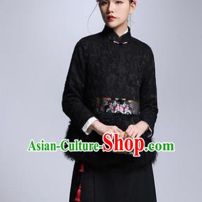 Chinese Traditional Tang Suit Black Cotton-Padded Jacket China National Upper Outer Garment Cheongsam Shirt for Women