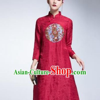 Chinese Traditional Tang Suit Embroidered Red Cheongsam China National Qipao Dress for Women