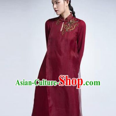 Chinese Traditional Tang Suit Embroidered Wine Red Cheongsam China National Qipao Dress for Women