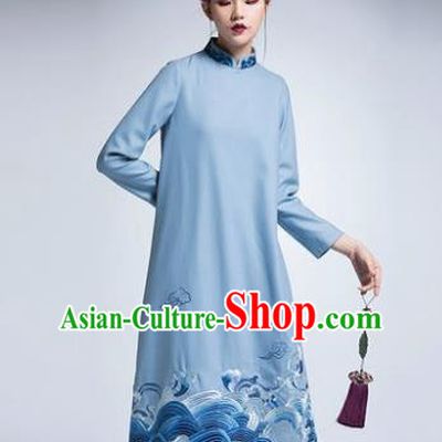 Chinese Traditional Tang Suit Blue Woolen Cheongsam China National Qipao Dress for Women