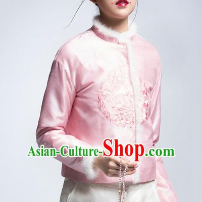 Chinese Traditional Tang Suit Pink Cotton-Padded Jacket China National Upper Outer Garment Cheongsam Shirt for Women