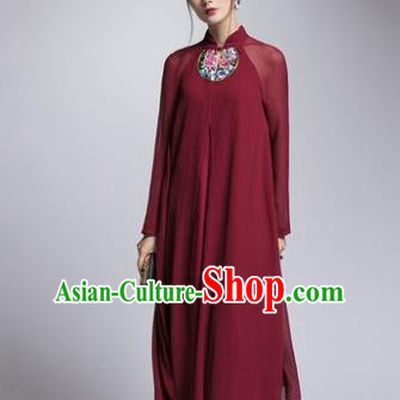Chinese Traditional Tang Suit Embroidered Wine Red Cheongsam China National Qipao Dress for Women