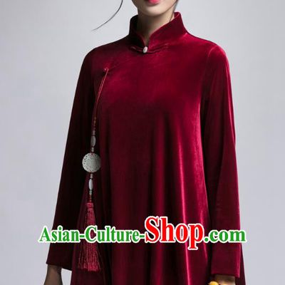 Chinese Traditional Tang Suit Wine Red Velvet Cheongsam China National Qipao Dress for Women