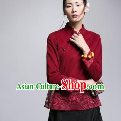 Chinese Traditional Tang Suit Red Woolen Jacket China National Upper Outer Garment Cheongsam Shirt for Women