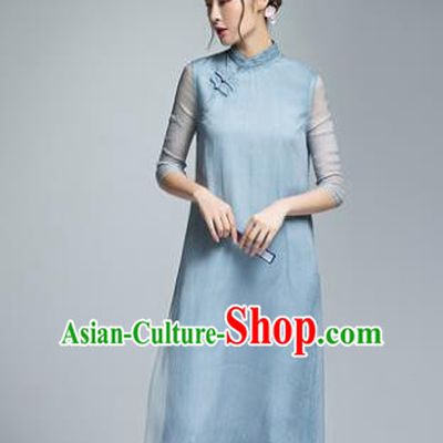 Chinese Traditional Tang Suit Blue Silk Cheongsam China National Qipao Dress for Women